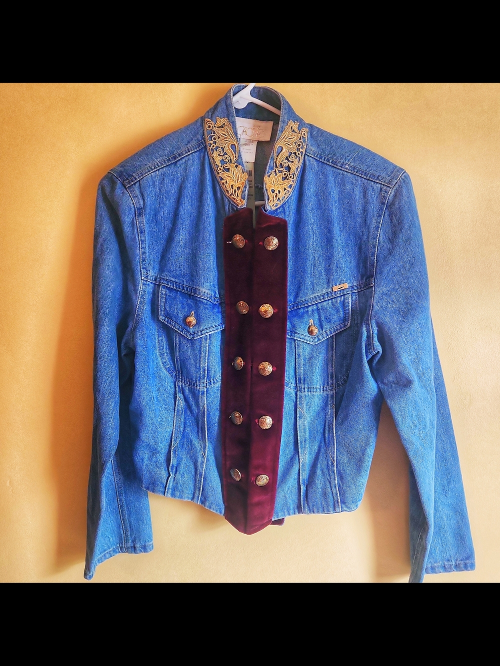 Vintage 80's Cache Xr Jacket with Burgundy Velvet Placket and Gold Trim